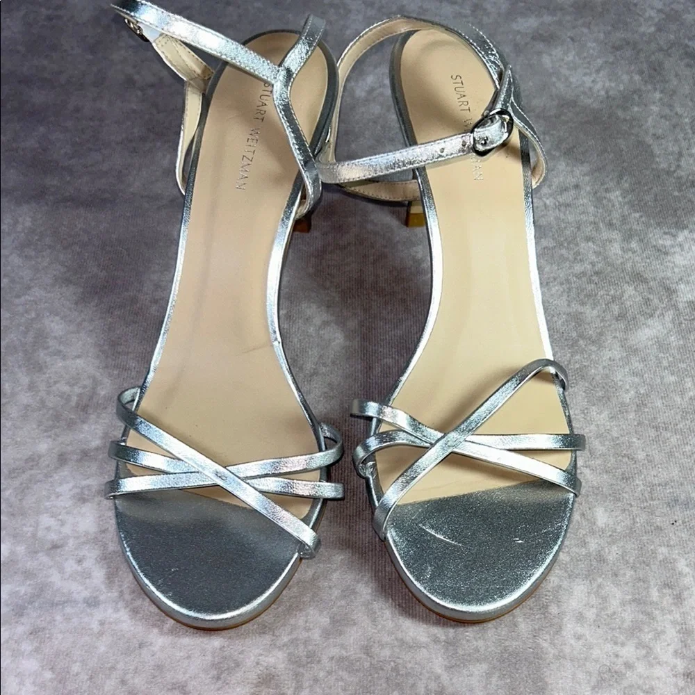 EUC Stuart Weitzman Starla 80 Silver‎ Strappy Heeled Sandals Sz 9 Leather Luxury
